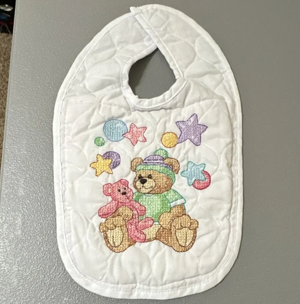 White & Pink Baby Bib, Teddy Bear Theme, Multicolor Embroider or needlepoint